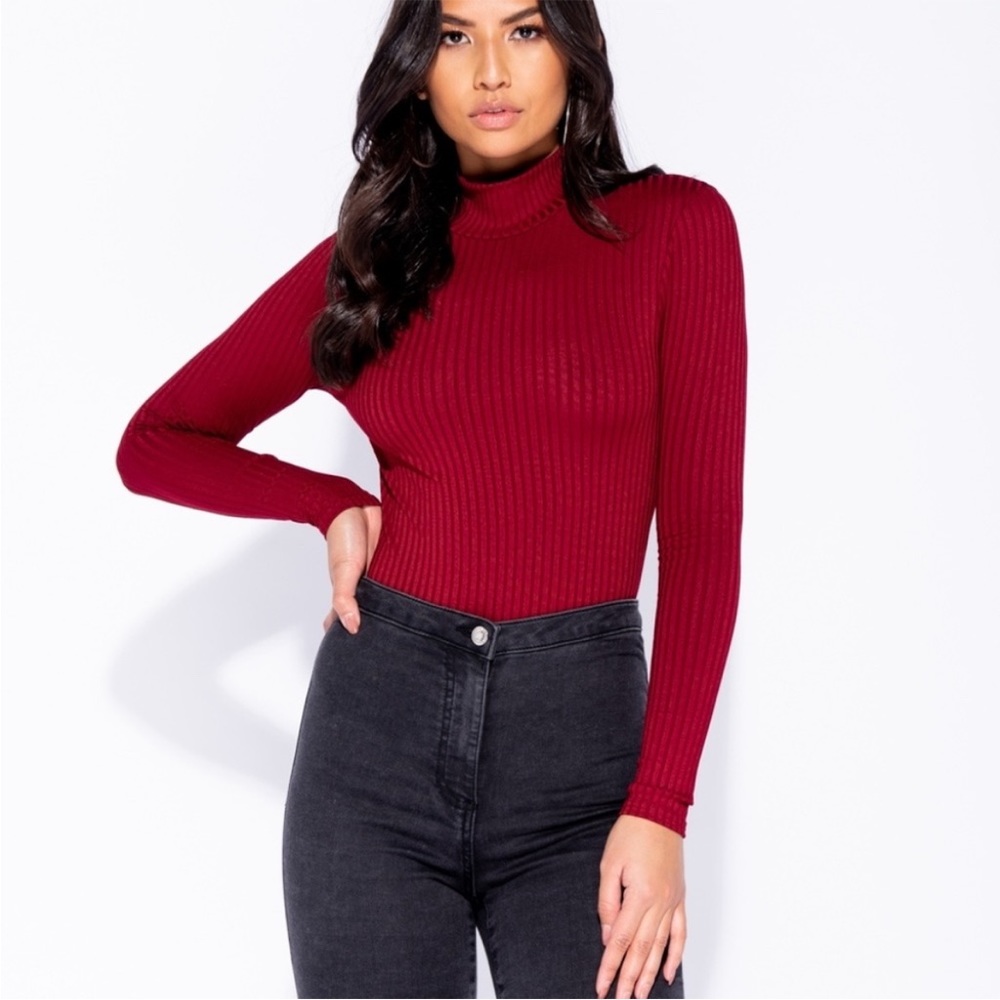 Wine Ribbed Knit Black Bodysuit